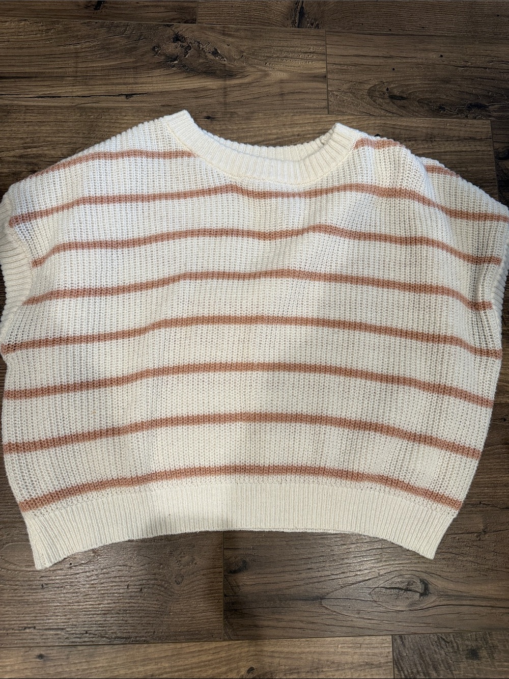 SHEIN Striped Cropped Crewneck Sweater - Cream with Light Brown Stripes